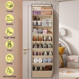 Mefirt Over the Door Shoe Organizer, Hanging Shoe Organizers with 8 Tier Large Deep Pockets, Hanging Organization for Closet Shoe Organizer for Wall, Beige Shoe Holder 1 Pack ﻿