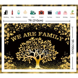 Family Reunion Backdrop Black Gold We are Family Photography Background Family Tree Banner for Welcome Home Member Gathering Party Decorations Supplies Photo Props (82x59 inch (7x5FT))