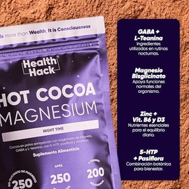 Health Hack Hot Cocoa con Magnesio para Noche, Bebida de Cacao en Polvo Sin Azúcar, 250 mg Bisglicinato de Magnesio, 250 mg GABA, 200 mg L-Teanina, 5-
