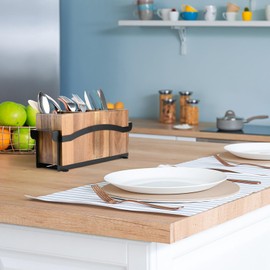 Beautyflier Utensil Caddy Silverware Cutlery Holder with 3 Compartments, Wooden Flatware Organizers with Metal Tray Rack, Silverware Caddy for Party, Farmhouse, and Kitchen Countertop (Holder Only)