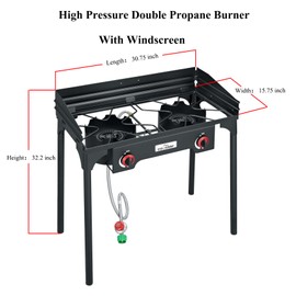 COOKAMP High Pressure Double Propane Burner With Windscreen Outdoor Camping Stove with 0-20 PSI Adjustable Regulator and Steel Braided Hose SA2510 (Two Burner Stove With Windscreen)