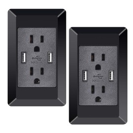 NineLeaf 2A High Speed USB Charger Receptacle 15A Outlet 2 Wall Plates AC Wall Screwless Wallplate with Dual USB Charging Ports (Black,2 PK)