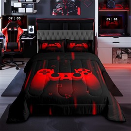 Feelyou Boys Gamer Comforter Set Full Size Gaming Bedding Set Kids Video Games Comforter for Teen Child Gamer Room Decor Super Soft Red Black Bed Set Microfiber Game Geometric Duvet Quilted Gamer Gift
