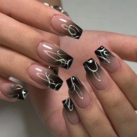 Mkwntg Black Gradient Press on Nails Medium Square Fake Nails Glossy Acrylic Nails with Silver Curve Line Design Glue on Nails Y2K French Full Cover False Nails for Women Manicure Decoration 24Pcs