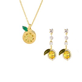 QLUYCKW Lemon Necklaces Earrings Set for Women Lovely Lemon Fruit Crystal Stud Earrings Sparkly Green Leaf Lemons Pendent Necklace Fashion Jewelry (Crystal Lemon)