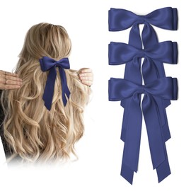 Navy Blue Hair Bows for Women 3PCS Soft Bow Hair Clips with Metal Clips Long Tail 5.5" Solid Satin Polyester Ribbon Ponytail Holder Hair Accessories for Girls Teen