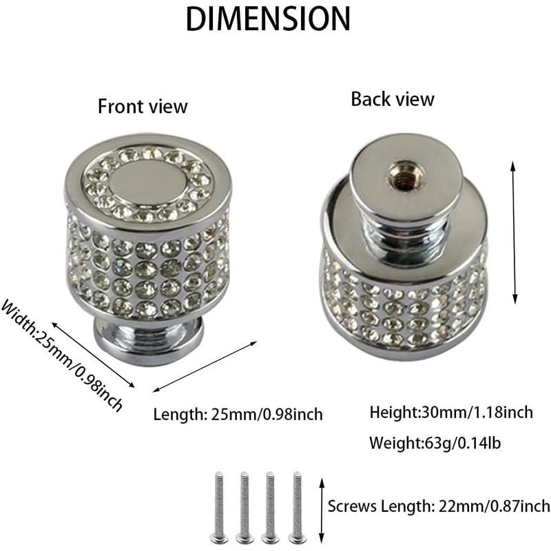 Candeon Crystal Furniture Knobs, Pack of 2 Silver Knobs, Cupboard