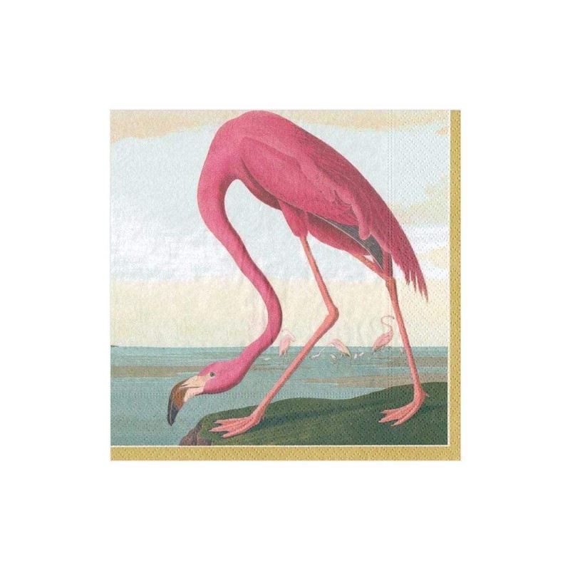 Caspari Audubon Birds and Flamingo Paper Cocktail Napkins, Two Packs