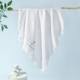 Booulfi Baby Blankets for Boys Girls Baby Receiving Blankets Cross Embroidery Tassle Waffle Newborn Blanket Soft White Crib Blanket Newborn Essentials Baptism Christening Gifts,Size 48X49