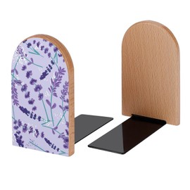 Lavender Flowers Pattern Purple Book Ends Decorative Wood Bookends for Shelves Kids Room Desk Home Office Book Stoppers for Magazines,Books, DVDs, 1 Pair/2 Pieces(5x3.1 in)