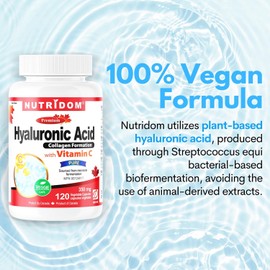 Nutridom Hyaluronic Acid Supplements 200mg with Vitamin C (120 count) Vegan, Non-GMO, Gluten-free, Dairy-free, and Soy-free