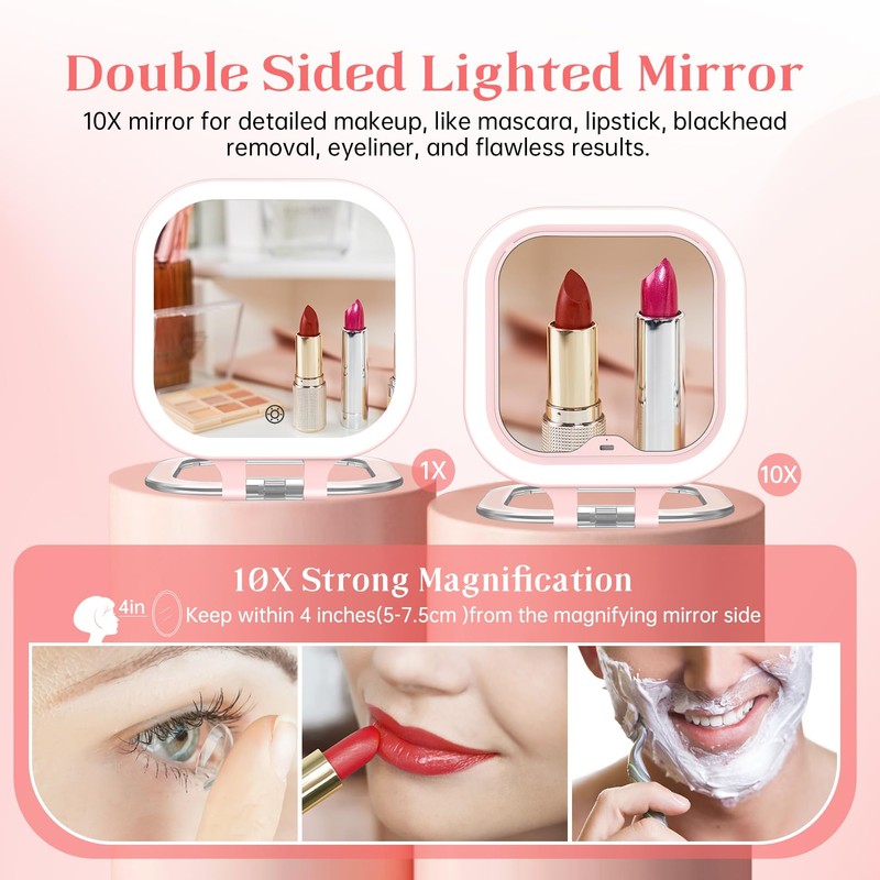 FASCINATE 10X Magnification Compact Travel Makeup Mirror with Lights and
