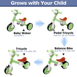 Tricycle for Toddlers 1-3 Year Olds, Toddler Balance Bike for Boys Girls 2-4, Toddler Tricycle with Light & Music Front, Kids Bicycle with Removable Pedal, Birthday Gifts for 2 3 4 5 Year Kids (Green)