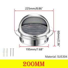Qrity Air Vent 304 Stainless Steel Bull-Nose External Vent, Round Ventilation Grill Screen Hood, for The External Wall Exhaust, Hood Exhaust, 200mm