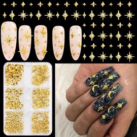 FSpronail 2Boxes Gold Stars Nail Charms,Cross-star Moon Pentagram Metal Golden Alloy Nails Decoration,Mini Star Crescent Multi Shapes,Mixed Star Jewelry 3D Nail Art Studs for Women Girls Nail Tweezers