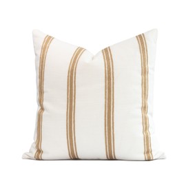Crumbs Home Modern Farmhouse Fall Linen Indoor Outdoor Throw Pillow Cover Only, 20"x20" Water Repellent for Patio, Backyard, Couch, Neutral Ivory Cream Embroidered Stripes