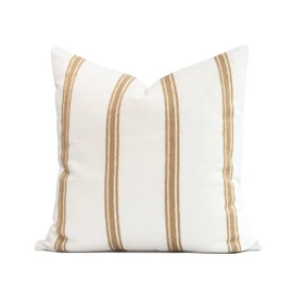 Crumbs Home Modern Farmhouse Fall Linen Indoor Outdoor Throw Pillow Cover Only, 20"x20" Water Repellent for Patio, Backyard, Couch, Neutral Ivory Cream Embroidered Stripes