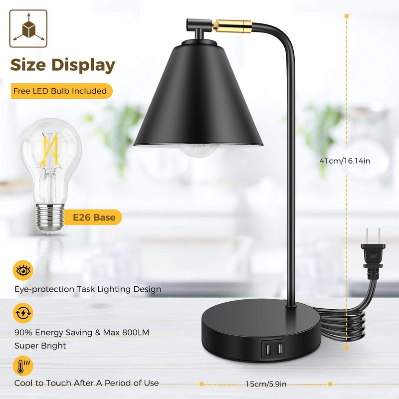 Industrial Dimmable Desk Lamp with 2 USB Charging Ports AC