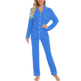 Anjue Womens Classic Button Up Loungewear Long Sleeve PJ Set with Pajama Pants(Blue,L)