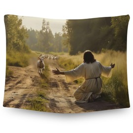 Orclo Art - Tapiz religioso cristiano para decoración del hogar, cordero que corre a Jesús Pastor encontrando arte de rebaño, 51 x 59 pulgadas, colgante de pared para recámara de iglesia, sala de