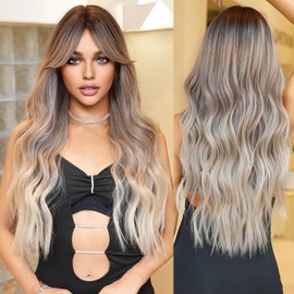 Nuxovin Long Wavy Curly Wigs Human Hair with Bangs Heat Resistant Natural Brunette for Women Daily Party Use Lightweight Tangle Free (Ash Blonde,28 Inch)