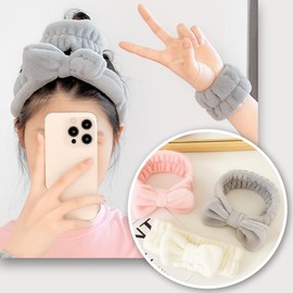 Makeup Headband & Wristband Set for Face Washing Gray 3ea