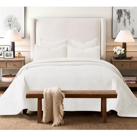 COCOPLOCEUS 3 Pieces Luxurious Velvet Oversized King Quilt Bedding Set 120x128 Striped Bedspread Coverlet Quilted Set with 2 Pillow Shams 20x36 Ultra Soft Comforter for All Season, Cream