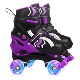 SMOOJOY Kids Roller Skates for Boys and Girls Adjustable Purple Black Skate with All Light up Wheels Ages 5-8 for Beginner in Outdoor Indoor Sports.