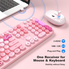 KNOWSQT Wireless Keyboard and Mouse Combo - Lovely Pink Rainbow 2.4G Full-Sized Colorful Keyboards, Round Keycap USB Dongle Plug Play Cute Keyboards for Windows, Laptop, PC, Desktop, Mac