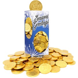 Seasons Greetings Milk Chocolate Gold Coins, Stocking Stuffers, Belgian Milk Chocolate Coins, 1LB, Kosher Certified Gelt (Single)
