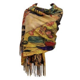 GFM® Wool Blend Cashmere Texture Painting Art Based Print Shawl Scarf for Autumn Winter (Klimt Lady with Fan)(PWSHL-FS-5130-A)