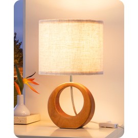 EDISHINE 13.4" Small Table Lamp, Wood Nightstand Lamp with Beige Linen Lampshade & ON-Off Switch, E26 Base, Boho Bedside Lamp for Living Room, Bedroom, Dark Pearwood
