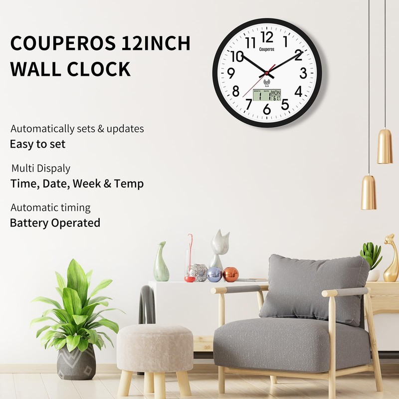 Couperos Analog Wall Clock,12inch Atomic Clock with LCD Display for
