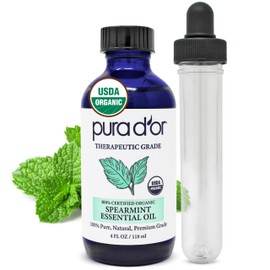 PURA D'OR Organic Spearmint Essential Oil (4oz with Glass Dropper) USDA Certified 100% Pure & Natural Therapeutic Grade Diffuser for Aromatherapy, Focus, Concentration, Mood Uplift