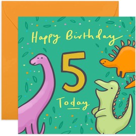 Old English Co. Happy 5th Birthday Dinosaurs Card - Square Fifth Birthday Wishes Card | Suitable for Baby, Son, Daughter, Child | Blank Inside & Envelope Included