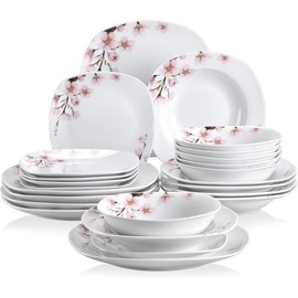 VEWEET Series Annie, Porcelain Dinnerware Sets for 4/6, White Dish Set with Pink Floral, 18/20/24/30 PCS Dinner Sets Including Dinner Plates, Dessert Plates, Soup Plates Set, Cups & Saucers - Number Of Piece: 24 Piece(no cups)