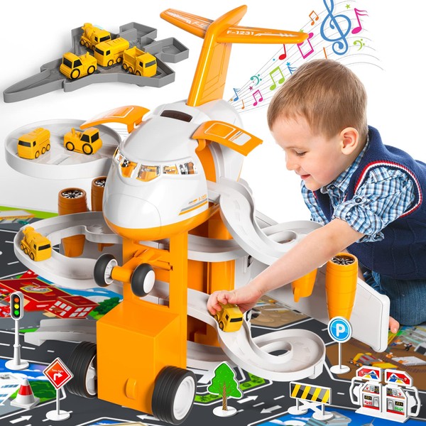 Ci Vetch Airplane Toys for Boys, Plane Toys for Kids 3-5, Garage Parking Lot Playset with 14 Road Signs 4 Construction Vehicles 1 Map, Toddler Boy Toys Preschool Birthday Gift for 3 4 5 6 Years Old
