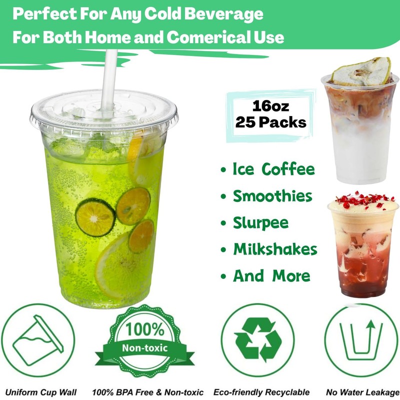 Artsotroly 16 oz Clear Plastic Cups with Lids and Straws,