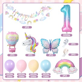Unicorn Birthday Decoration Girl, 1 Year Butterfly Birthday Decoration, Unicorn Decoration Children's Birthday, 1-10 Years Happy Birthday Decoration, Unicorn Balloons for 1st Birthday Girl Decoration