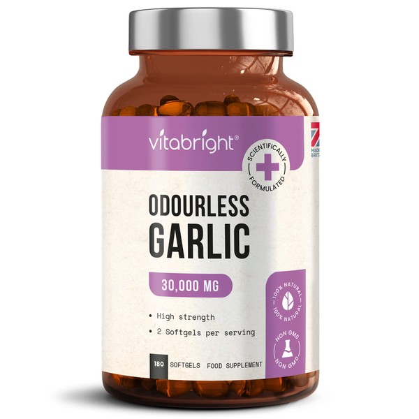 Odourless Garlic Capsules - High Strength 30,000mg - 180 Deodourised Garlic Oil Softgels – High in Allicin Garlic Supplement - 100% Natural Cold Pressed Garlic Tablets – Immune Support - Made in UK