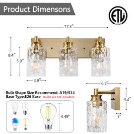AMRUIPO 3 Light Bathroom Vanity Light Modern Brushed Gold Bathroom Light Fixtures Over Mirror with Hammered Glass Lampshade for Kitchen Hallway