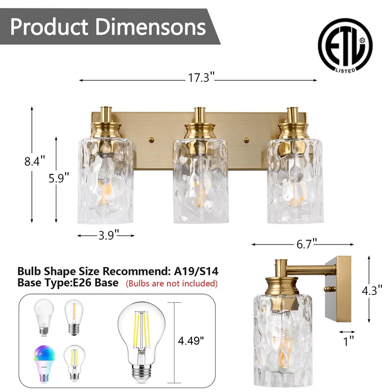 AMRUIPO 3 Light Bathroom Vanity Light Modern Brushed Gold Bathroom
