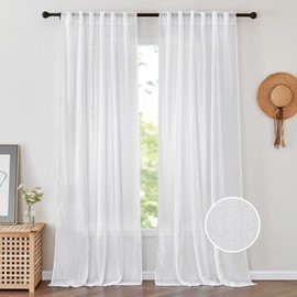 PONY DANCE 102 Inch Length Curtain Panels - 2 Panels Flax Linen Look Light Filtering Drapes for Patio Silding Door Privacy Protection, Semi Sheer Curtains for Bedroom Dining Cottage, White