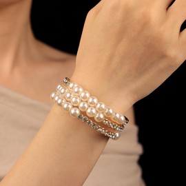 Yheahin Bridal Multi Rows Pearl Cuff Bracelet Sparkly Rhinestone Stretch Wrap Bangle 1920s Pearl Bracelet Jewelry for Women (D-Gold)