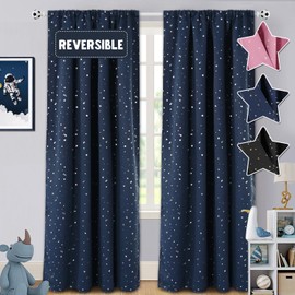 PrinceDeco 100% Blackout Star Curtains for Kids Room Reversible Use Twinkle Silver Stars Cute Drapes for Nursery Thick Soft Curtain Drapes Window Treatment 2 Panels(52 x 84 Inch, Navy Blue)
