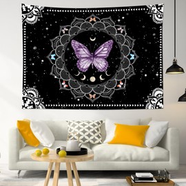 LB Butterfly Mandala Wall Tapestry Purple Butterfly Black and White Mandala Bohemian Tapestry Wall Hanging Star Moon Phase Aesthetic Wall Art Decor for Bedroom Living Room Decor Home Decor 60Wx40L Inches