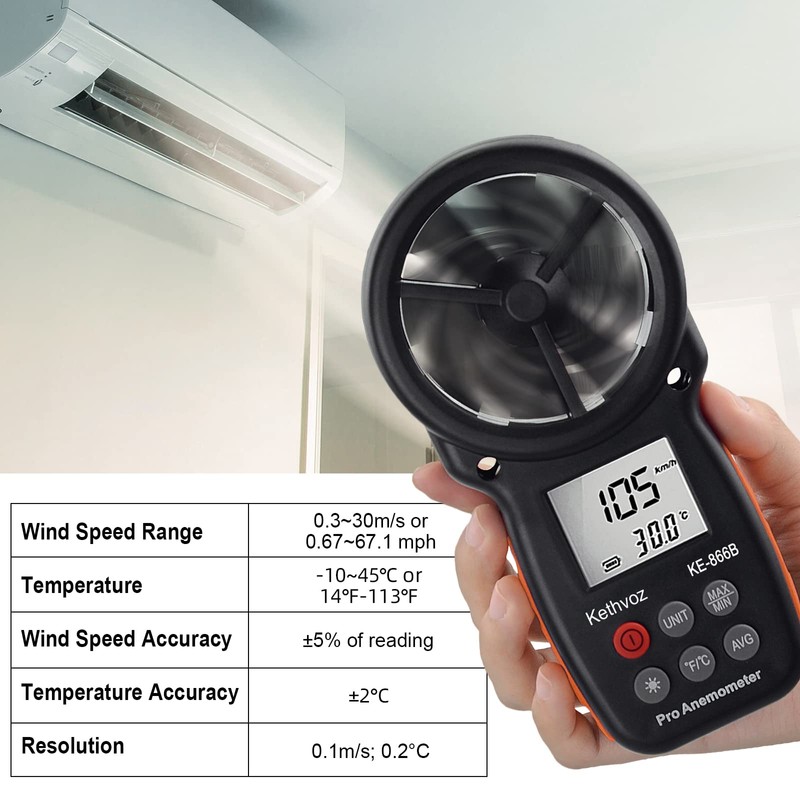 Anemometer Handheld Wind Speed Meter, Kethvoz Digital Air Flow Meter