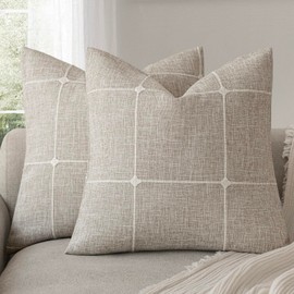 Foindtower Pack of 2 Decorative Faux Linen Jacquard Check Throw Pillow Covers Farmhouse Cushion Cover with Grid Textured Accent Pillowcase for Couch Sofa Bed Living Room Home Decor,18×18 Inch,Beige