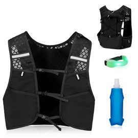 atnayo Running Vest with Water Bottles, Lightweight Running Backpack Mens Women, Glow in the Dark Running Hydration Vests Set with 250ml Soft Water Bag + Led Light-emitting Arm Band,Black