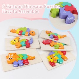 Anboor Wooden Puzzles for Kids Toddler, 3D Dinosaur Puzzles and Animal Jigsaw Toys for Boy Girl 2 3 4 5 Year Old, 6 Pack